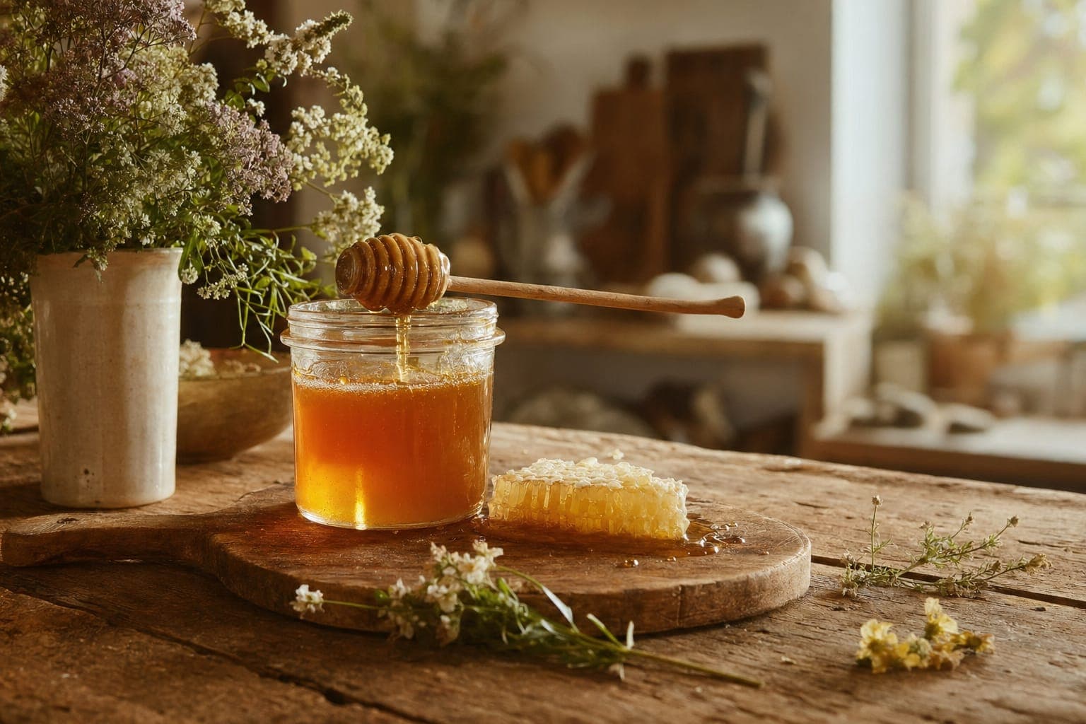 Golden honey and cheese on a wooden board in warm light