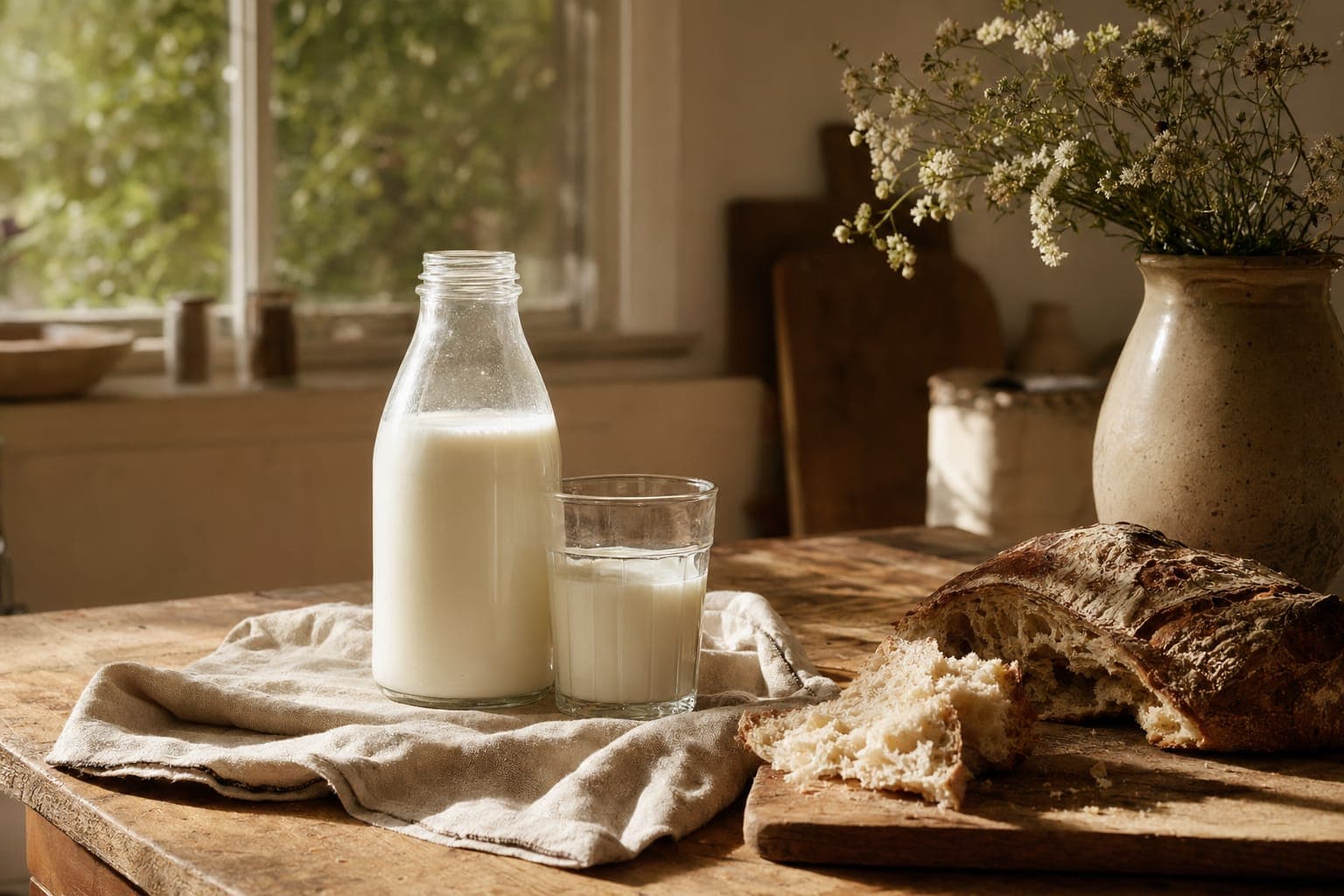 A bottle of milk on a kitchen counter in soft light