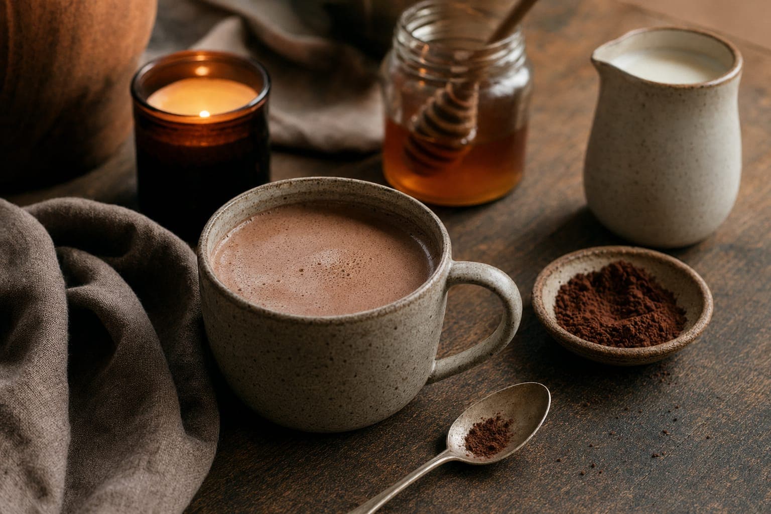 A mug of warm hot chocolate with a jug on a rustic table
