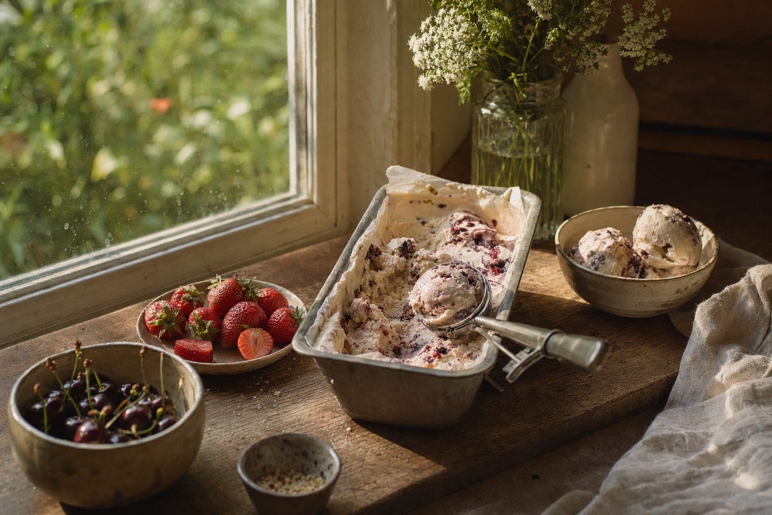 A tray of ice cream with berries on a wooden table in warm light