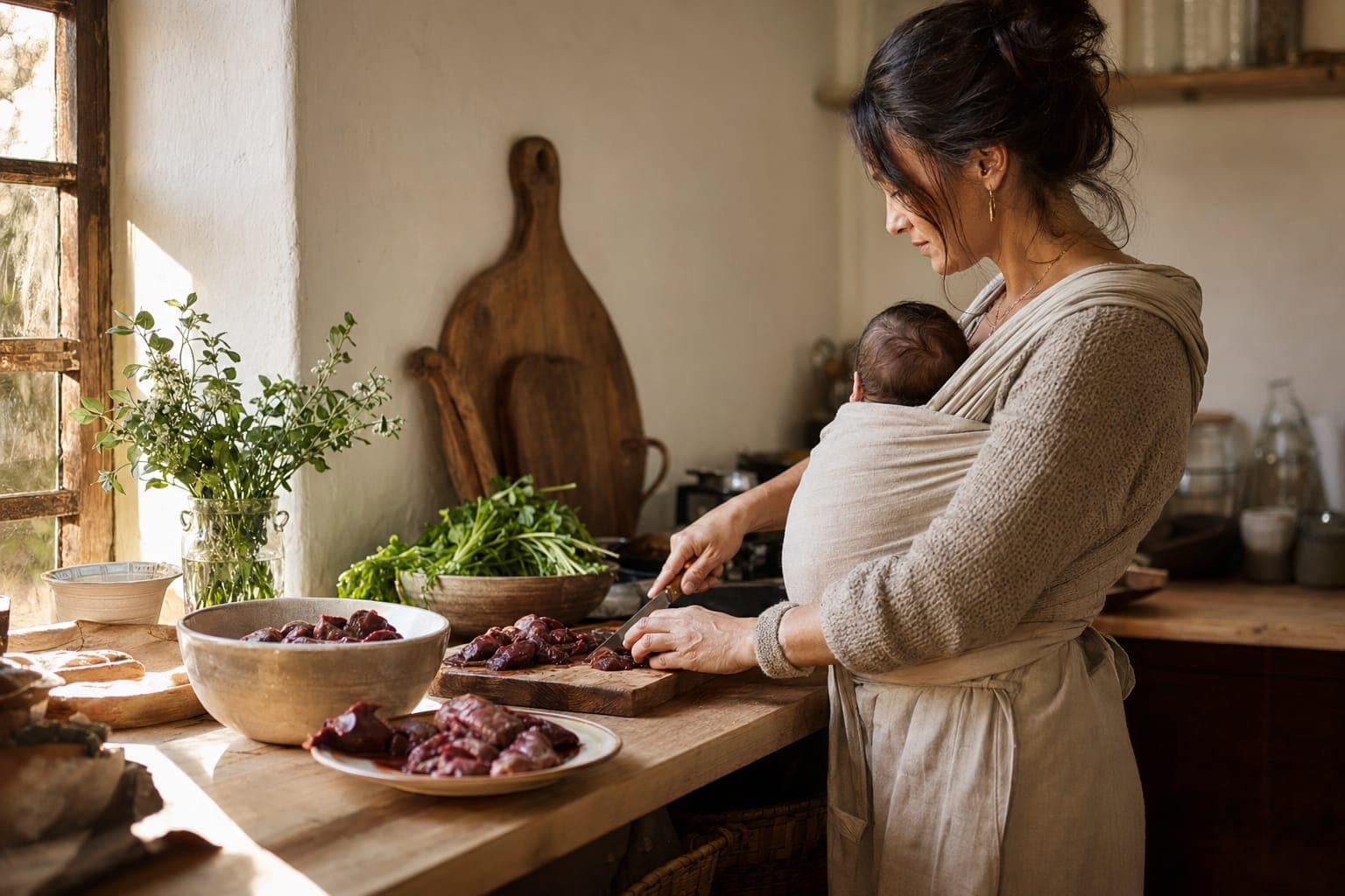 A woman preparing raw meat at a kitchen counter in soft light