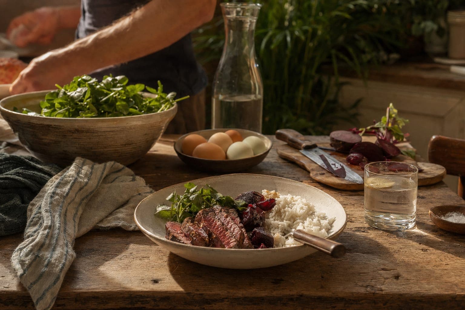 A spread of greens and meat on a rustic table in warm light