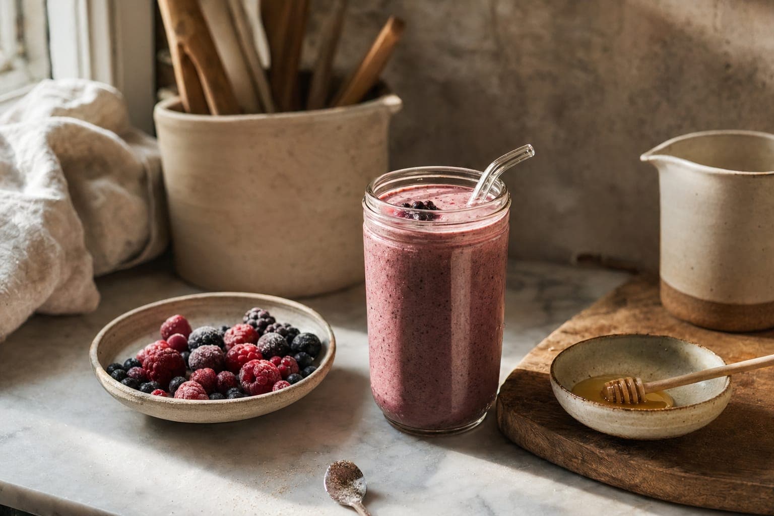 A berry smoothie with fresh fruit on a counter in soft light