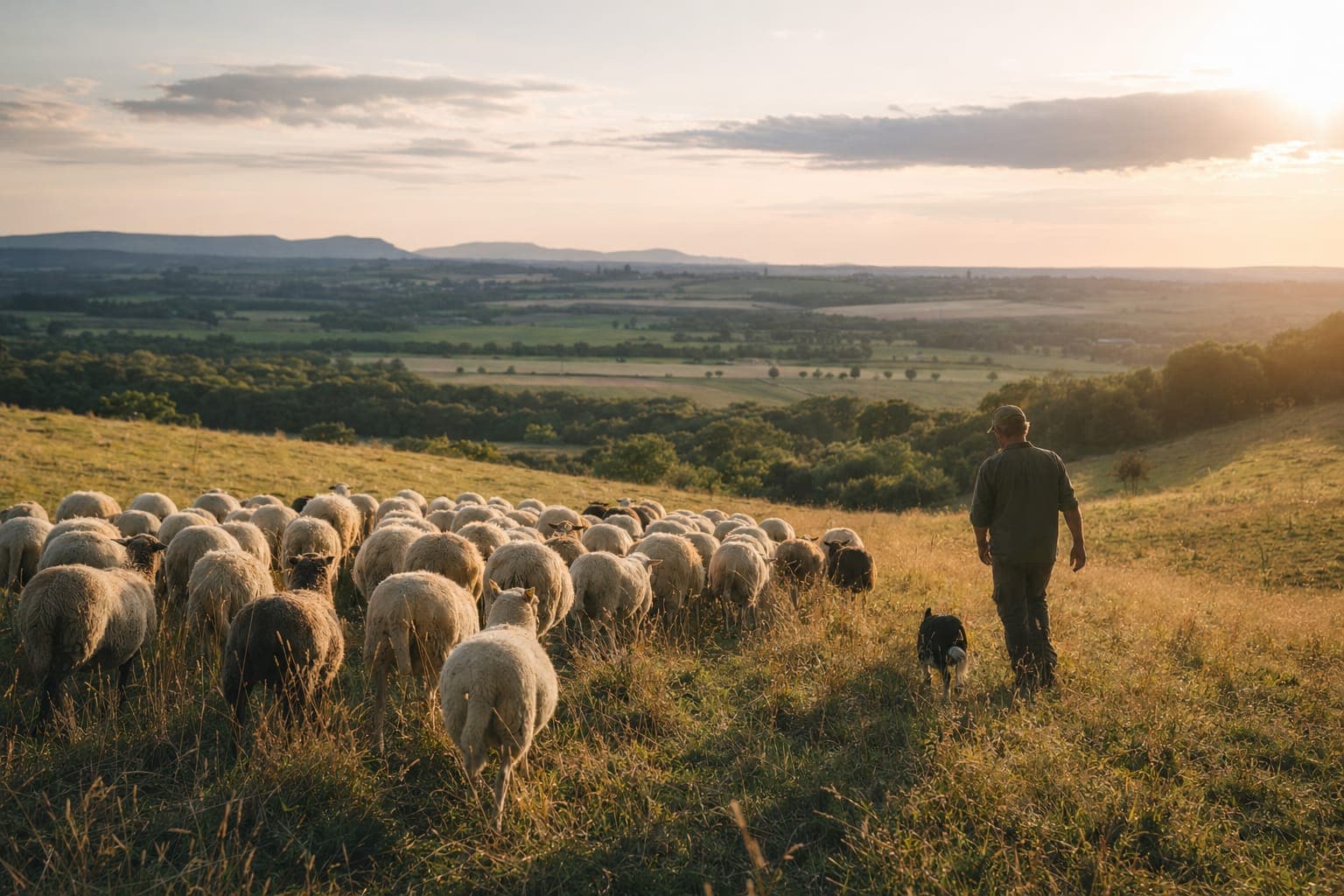 Sheep grazing on green farmland under soft sky