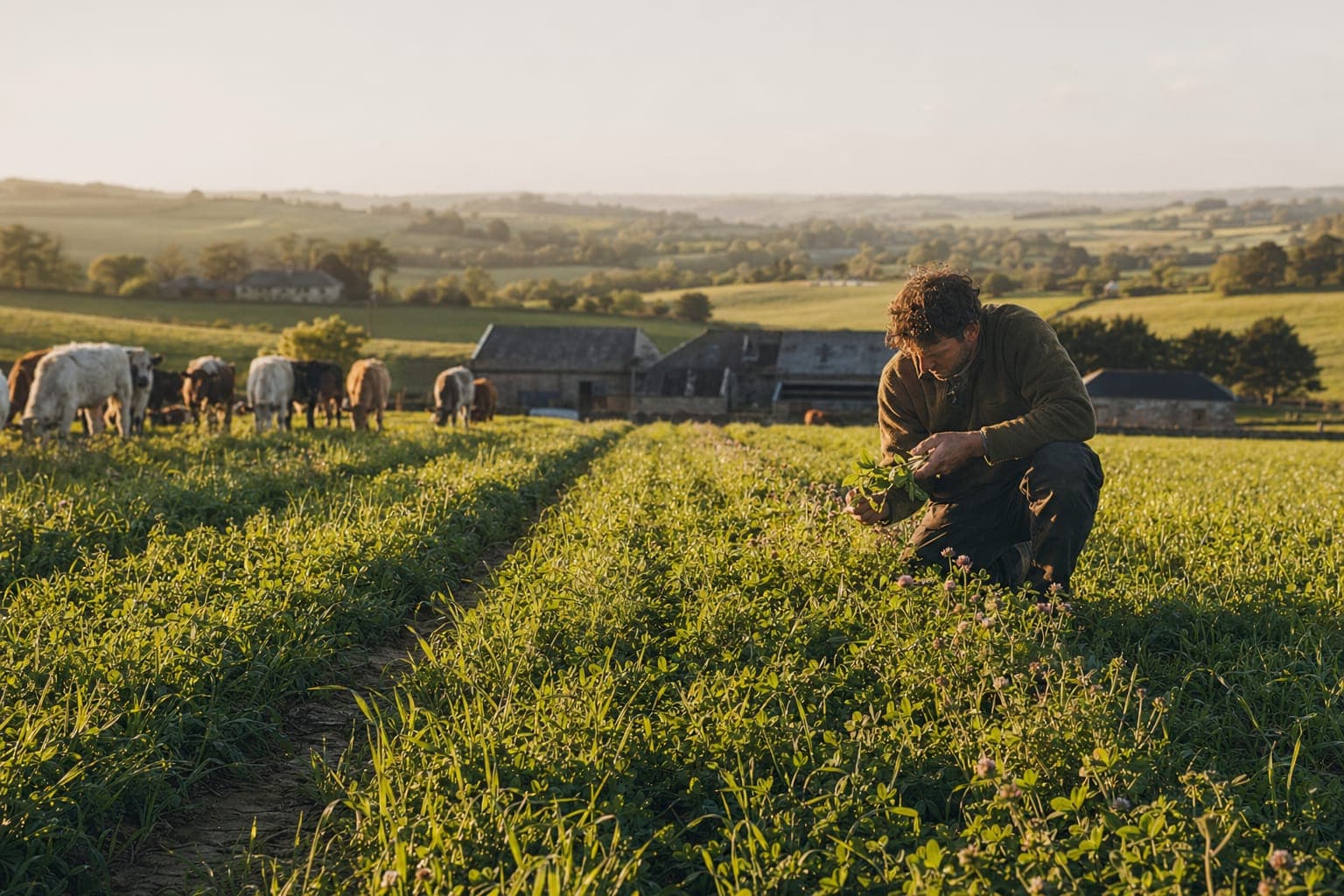 A person tending crops in a green field in soft daylight
