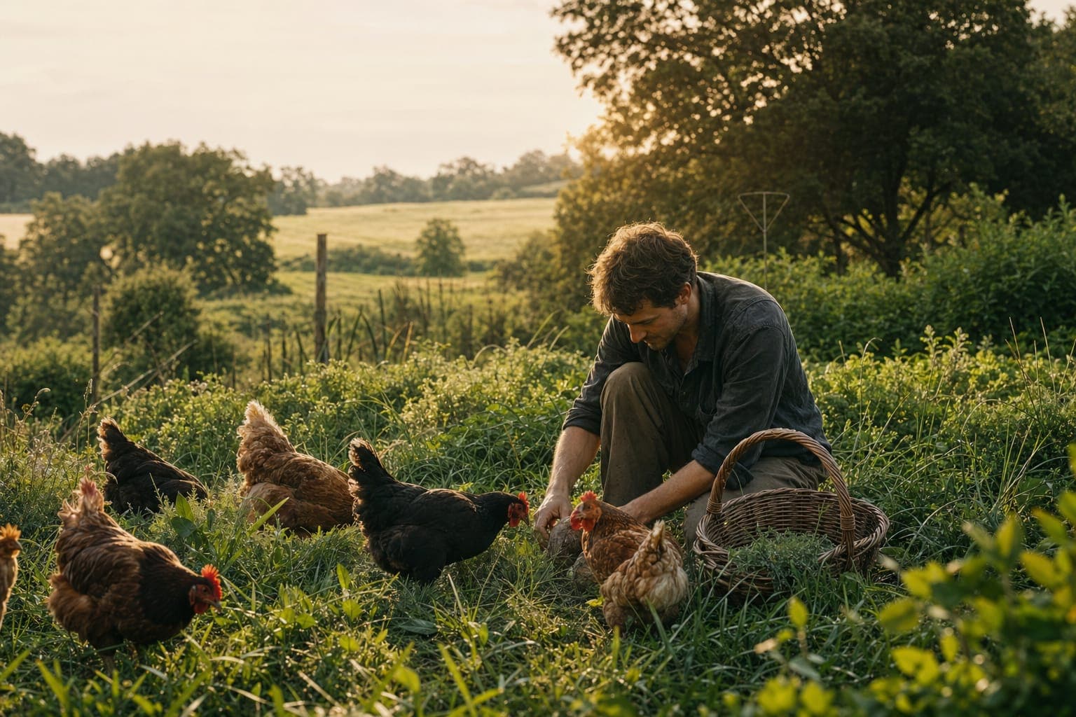 A farmer among free-range chickens in a green field