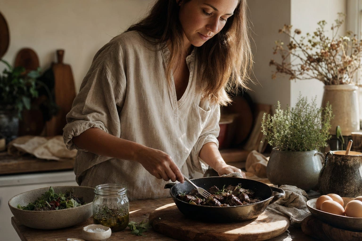 A woman preparing food at a kitchen counter in warm light
