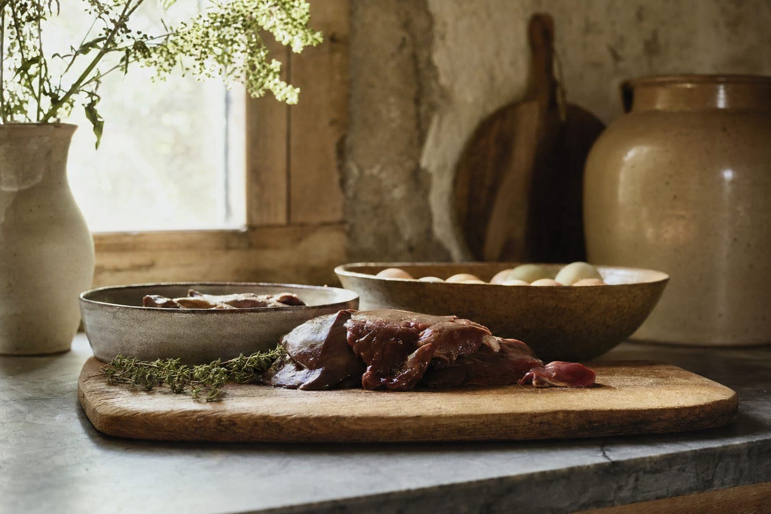 Raw liver on a board with bowls on a rustic table