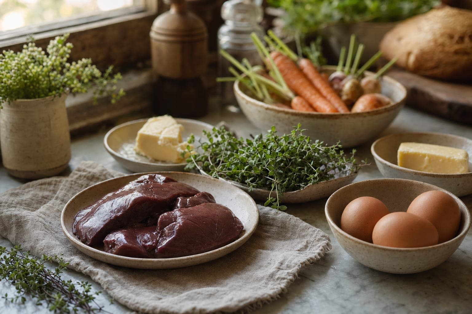 Vegetables, eggs and butter on a dark table in warm light