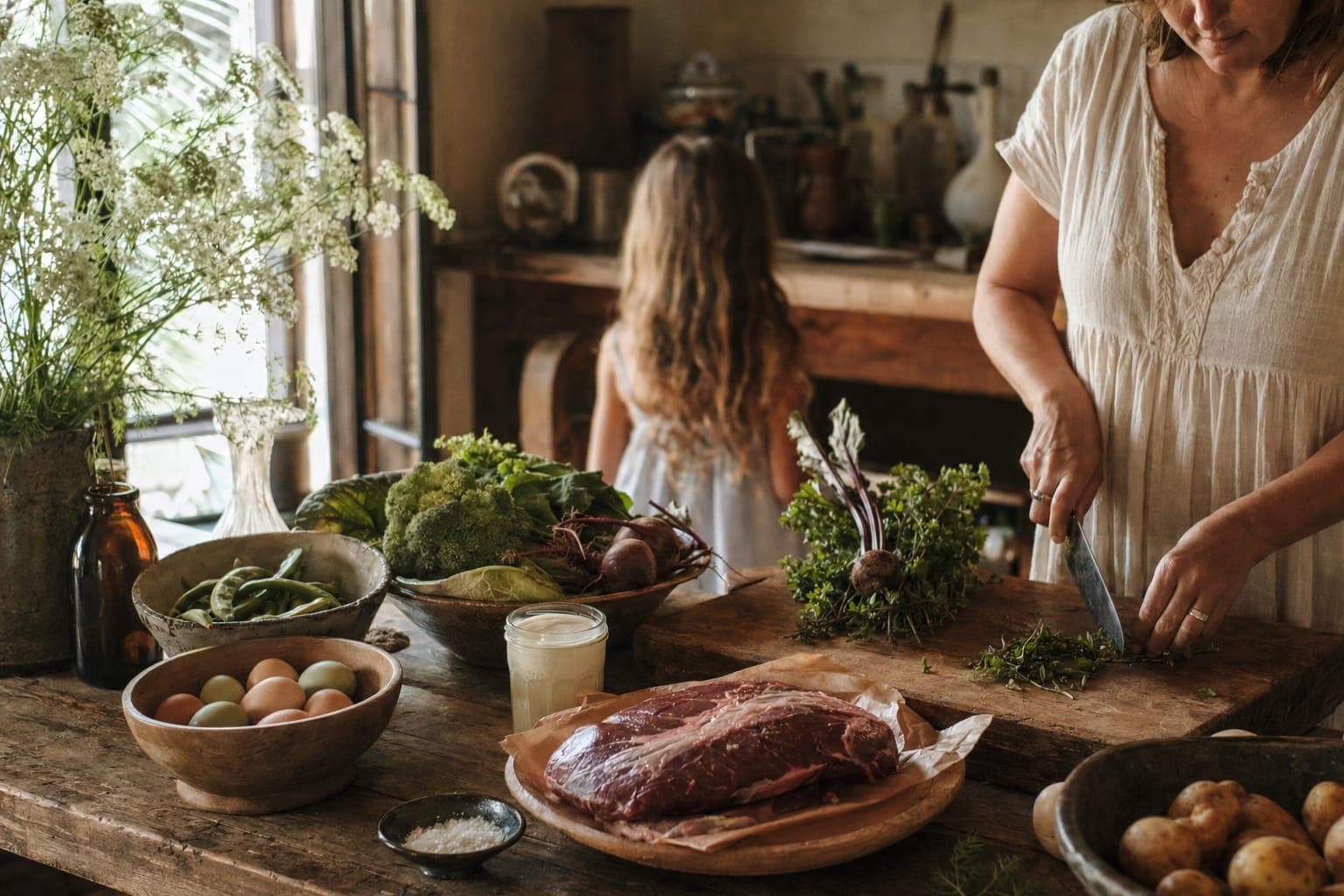 A woman preparing fresh food at a kitchen counter in soft light