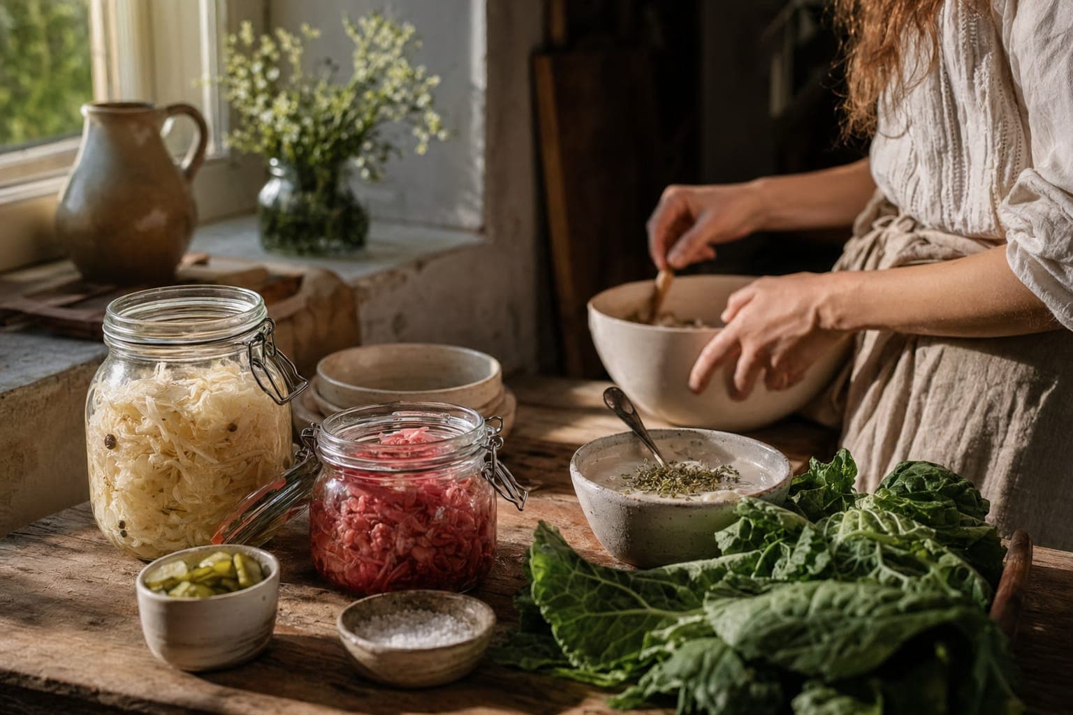 A pregnant woman with jars of food at a counter in warm light