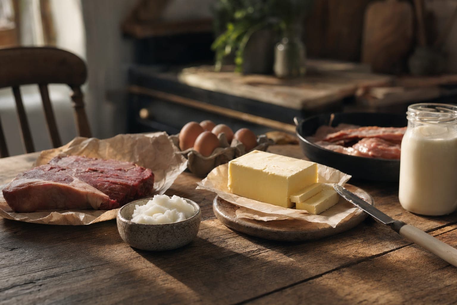 Butter and raw meat on a wooden board in warm light