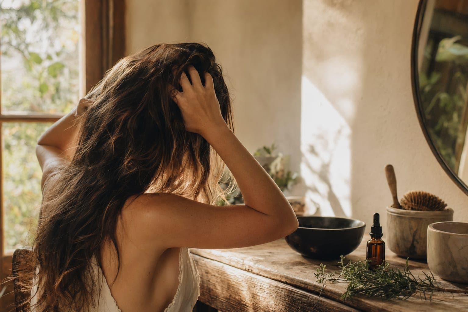 A woman running her hands through her hair in soft light