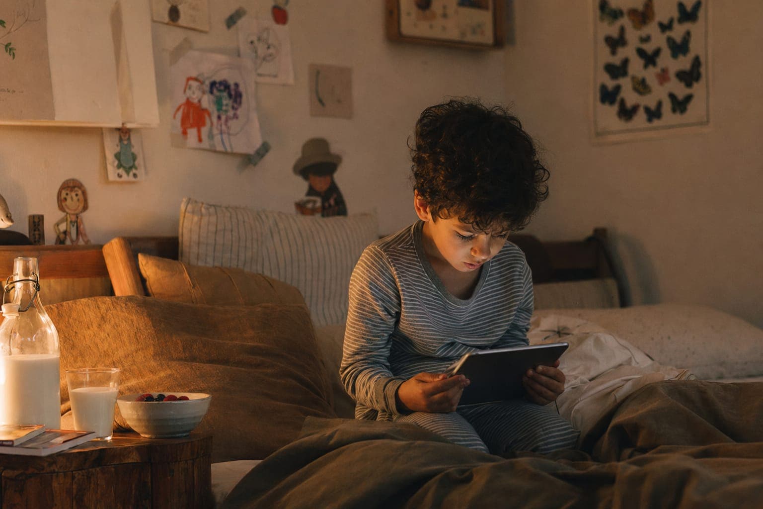 A young person resting in bed in soft morning light