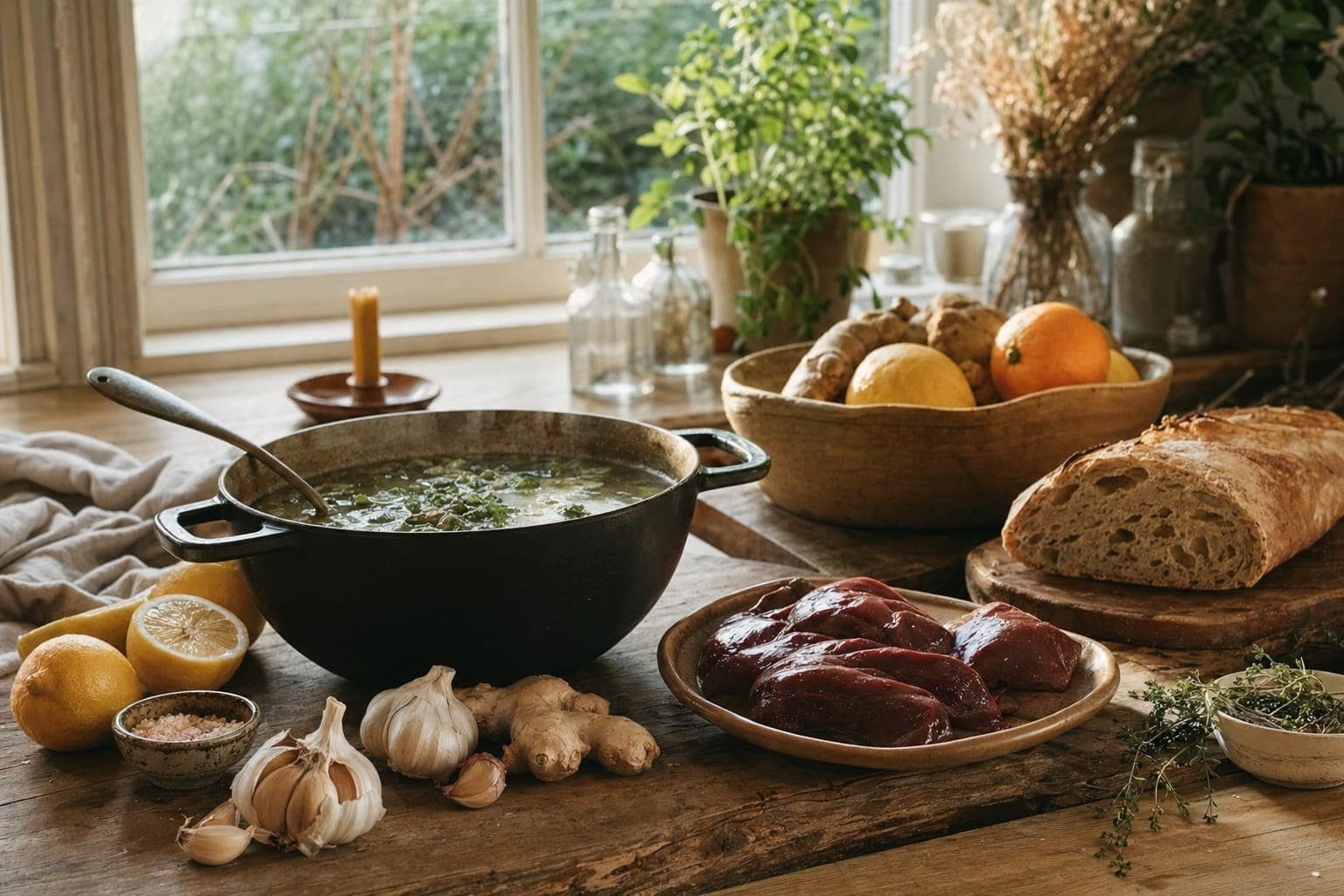 A pot of broth with vegetables and citrus on a rustic table