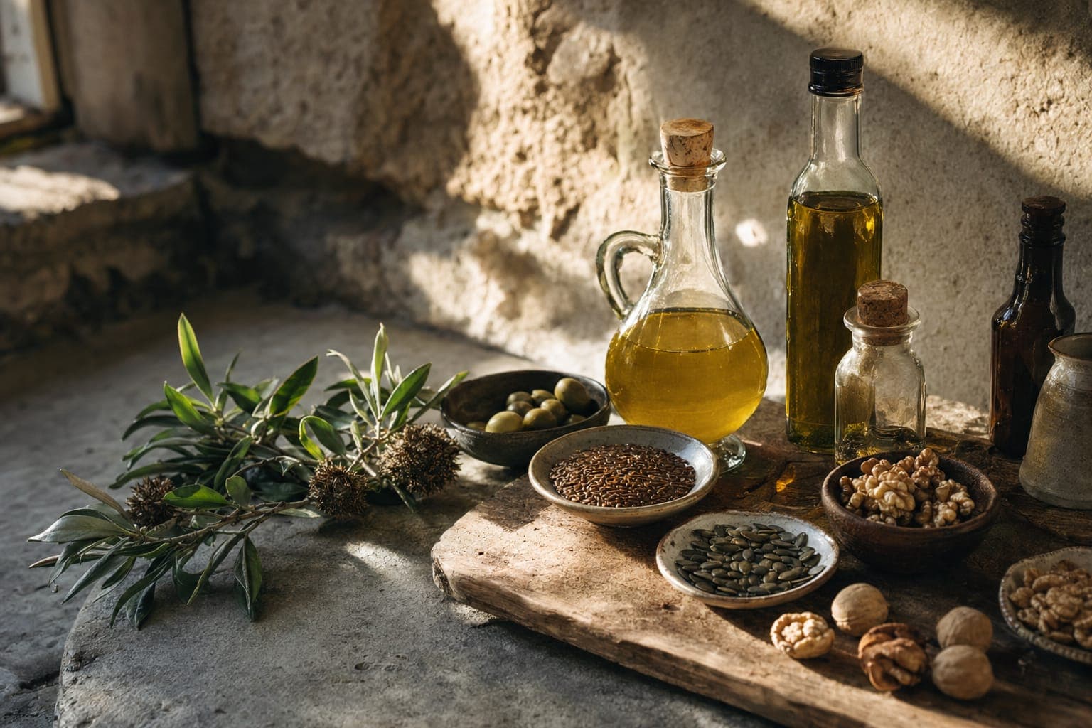 Fresh herbs and bottles of oil on a kitchen counter in warm light