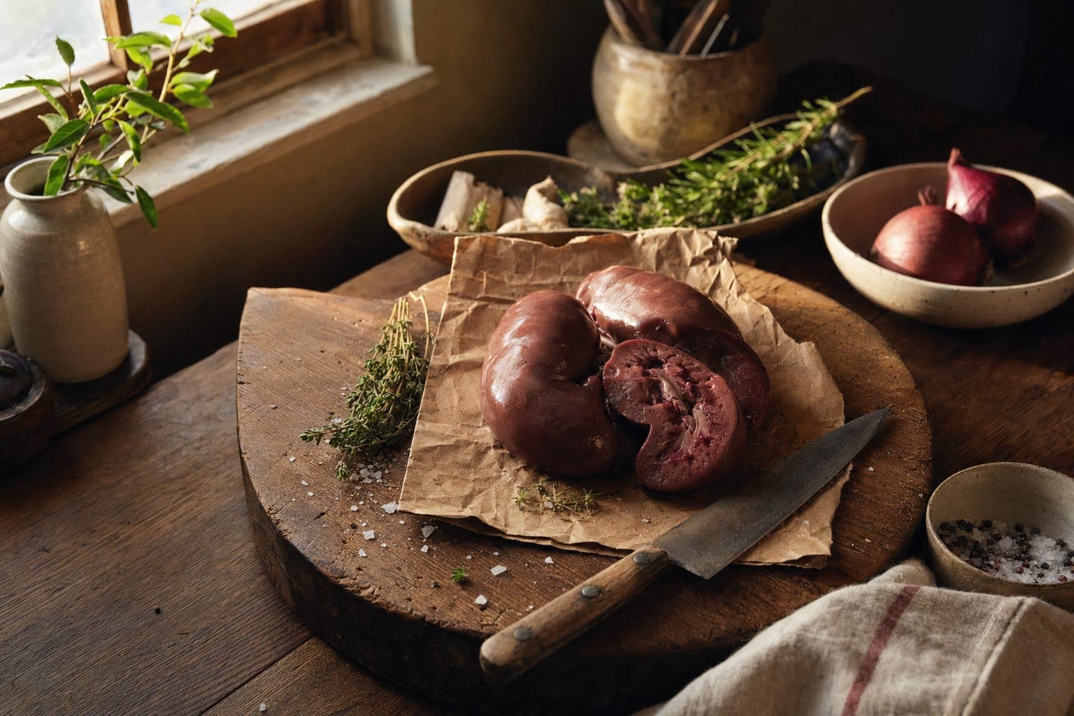 A raw beef roast on a board with herbs in warm light