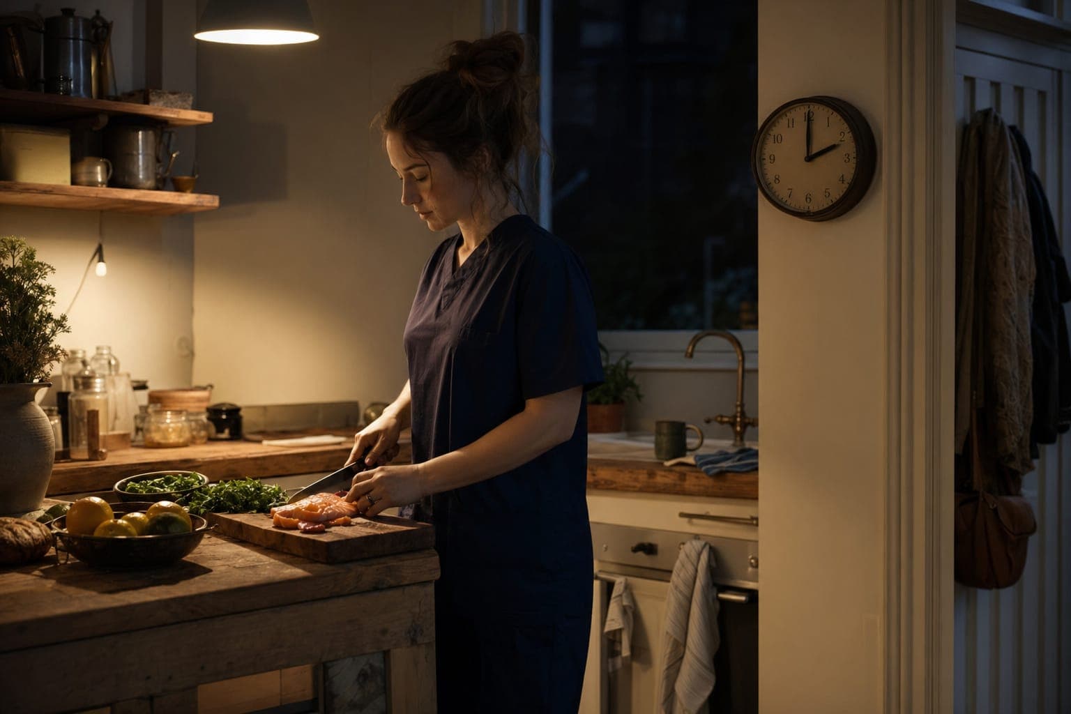 A man preparing vegetables at a kitchen counter in warm light
