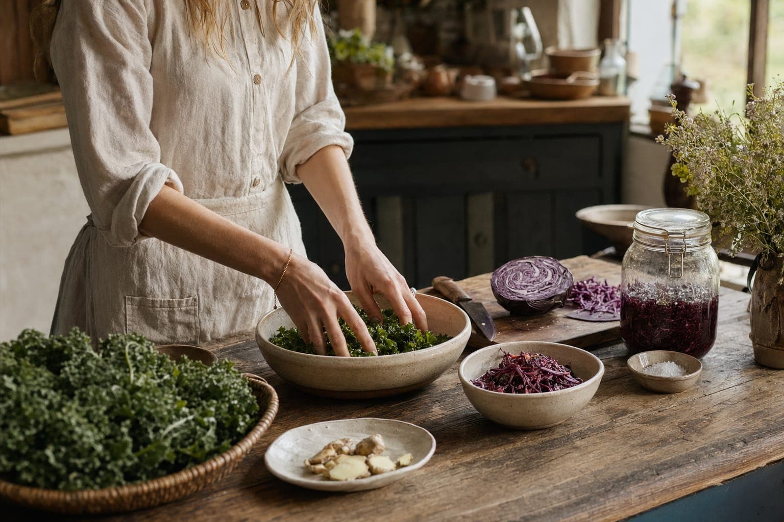 Hands mixing a bowl of beets at a counter in warm light