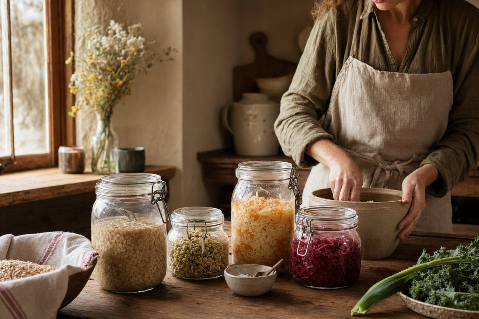 Jars of fermented foods on a kitchen counter in warm light