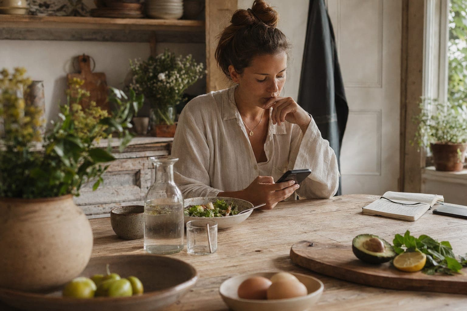 A person with a laptop and food at a table in soft light