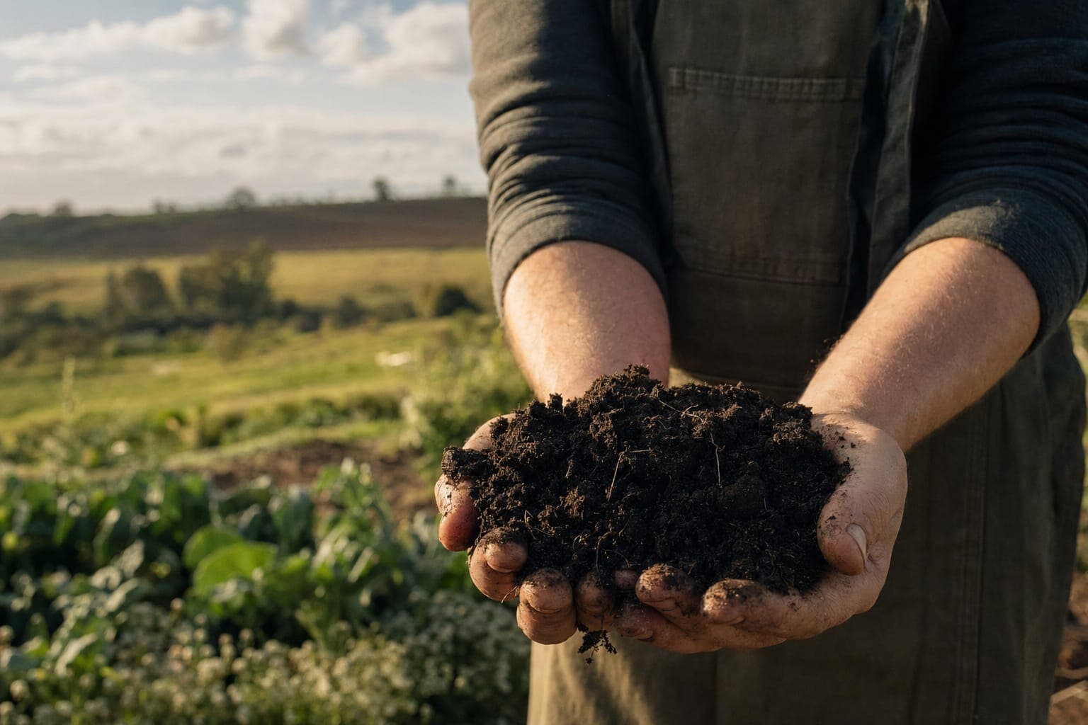 Hands holding dark soil in a green field in soft light