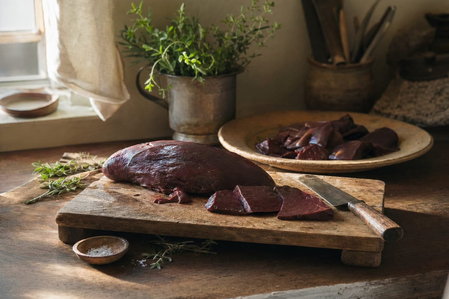Raw organ meat on a board on a rustic counter in warm light