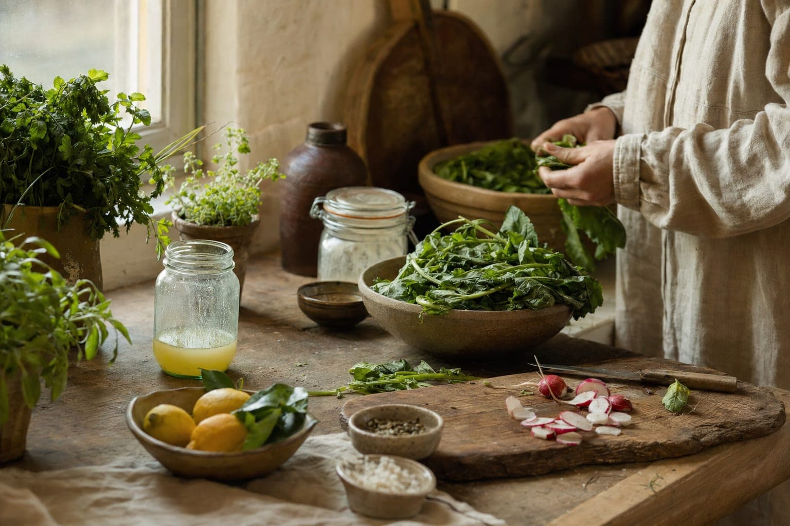 Fresh herbs, oil and greens on a kitchen counter in warm light