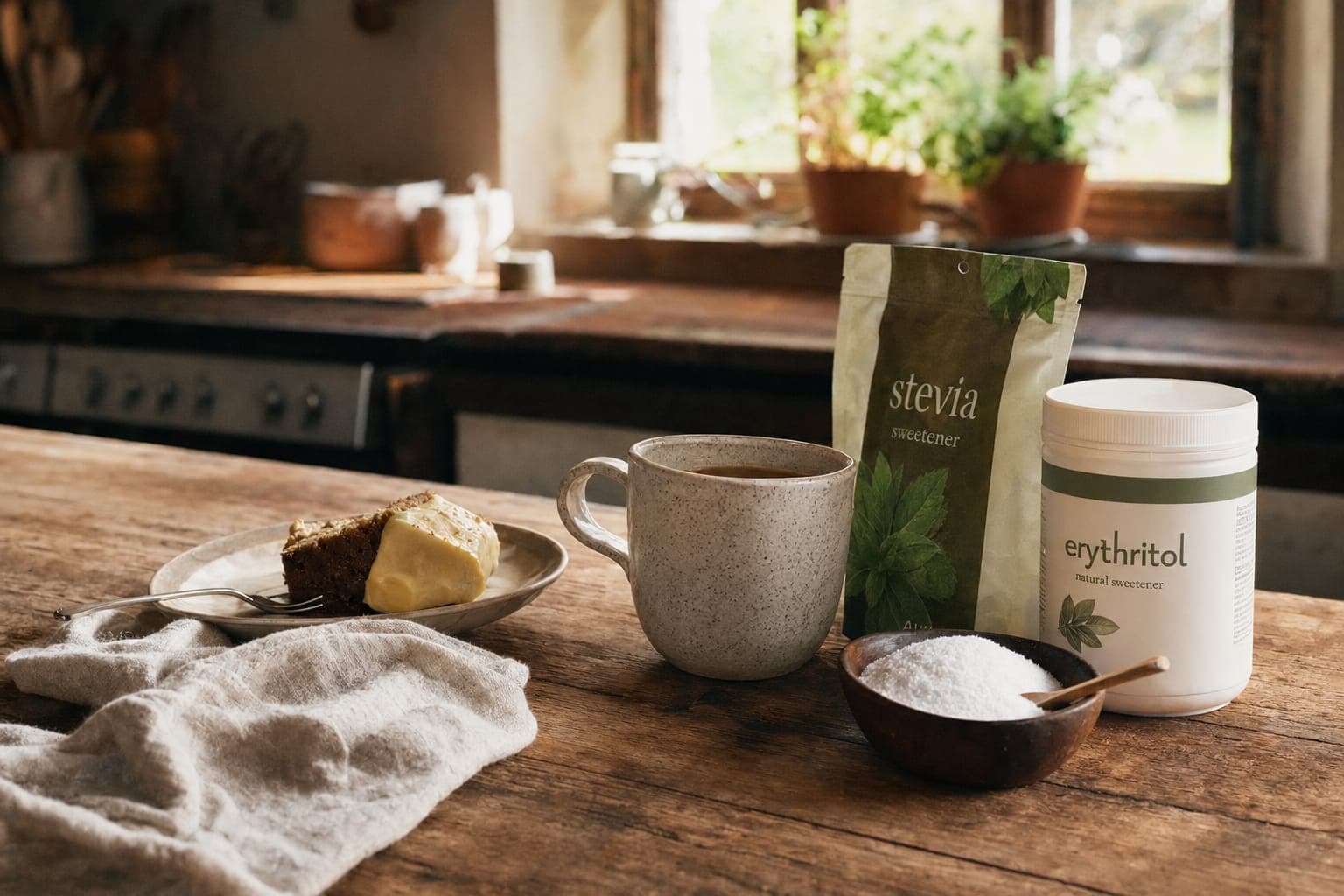 A kitchen counter with whole foods in soft natural light