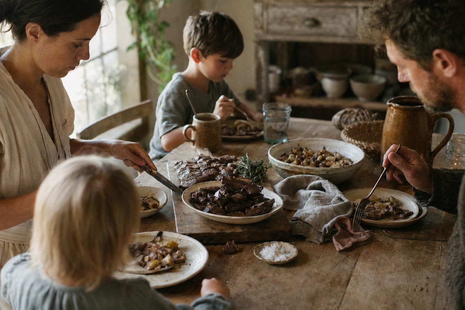 A family sharing a meal at a table in warm light