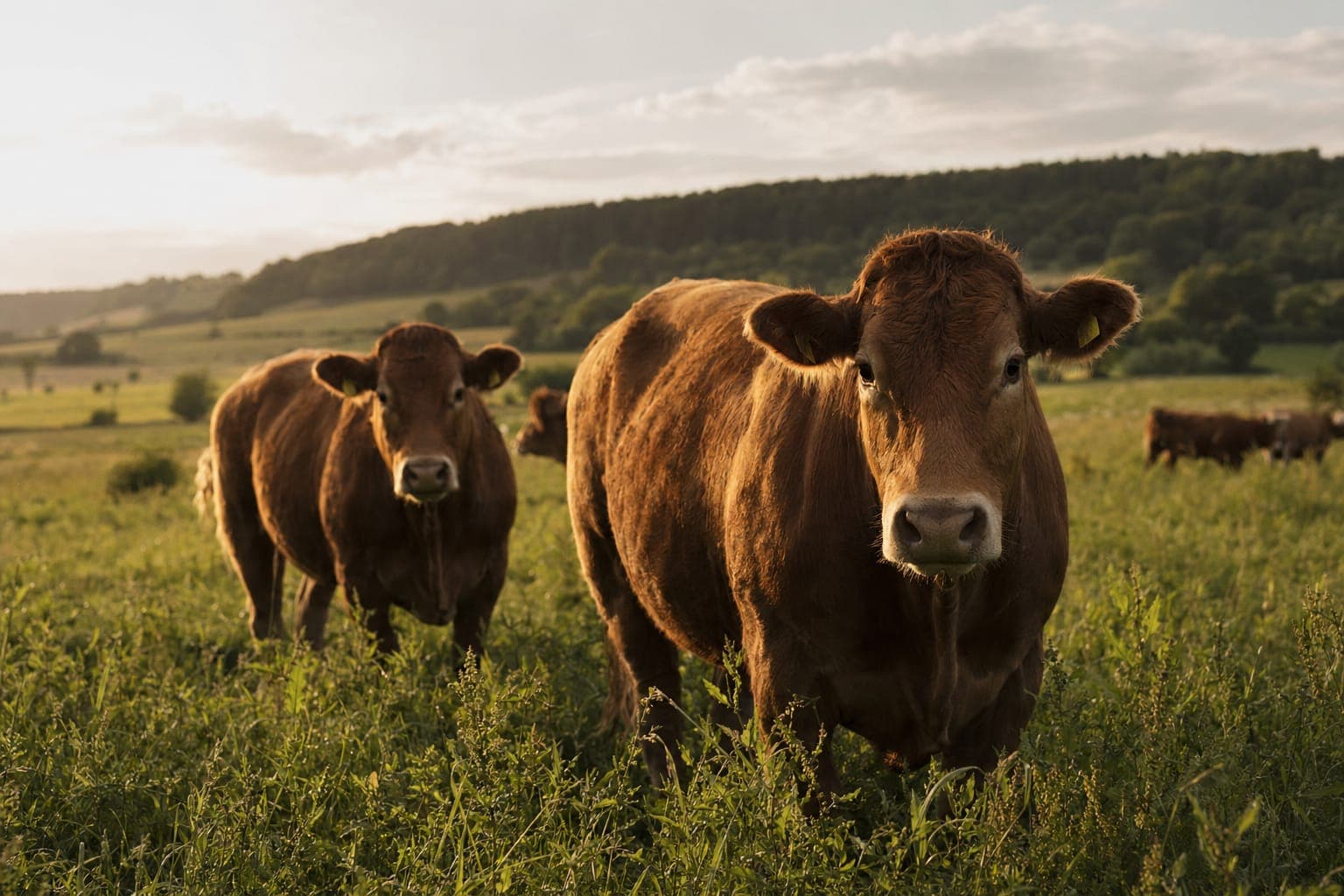 Cattle grazing in a green pasture under soft sky