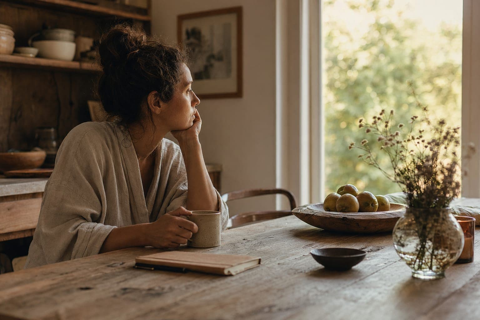 A woman seated at a table in a calm kitchen in soft light