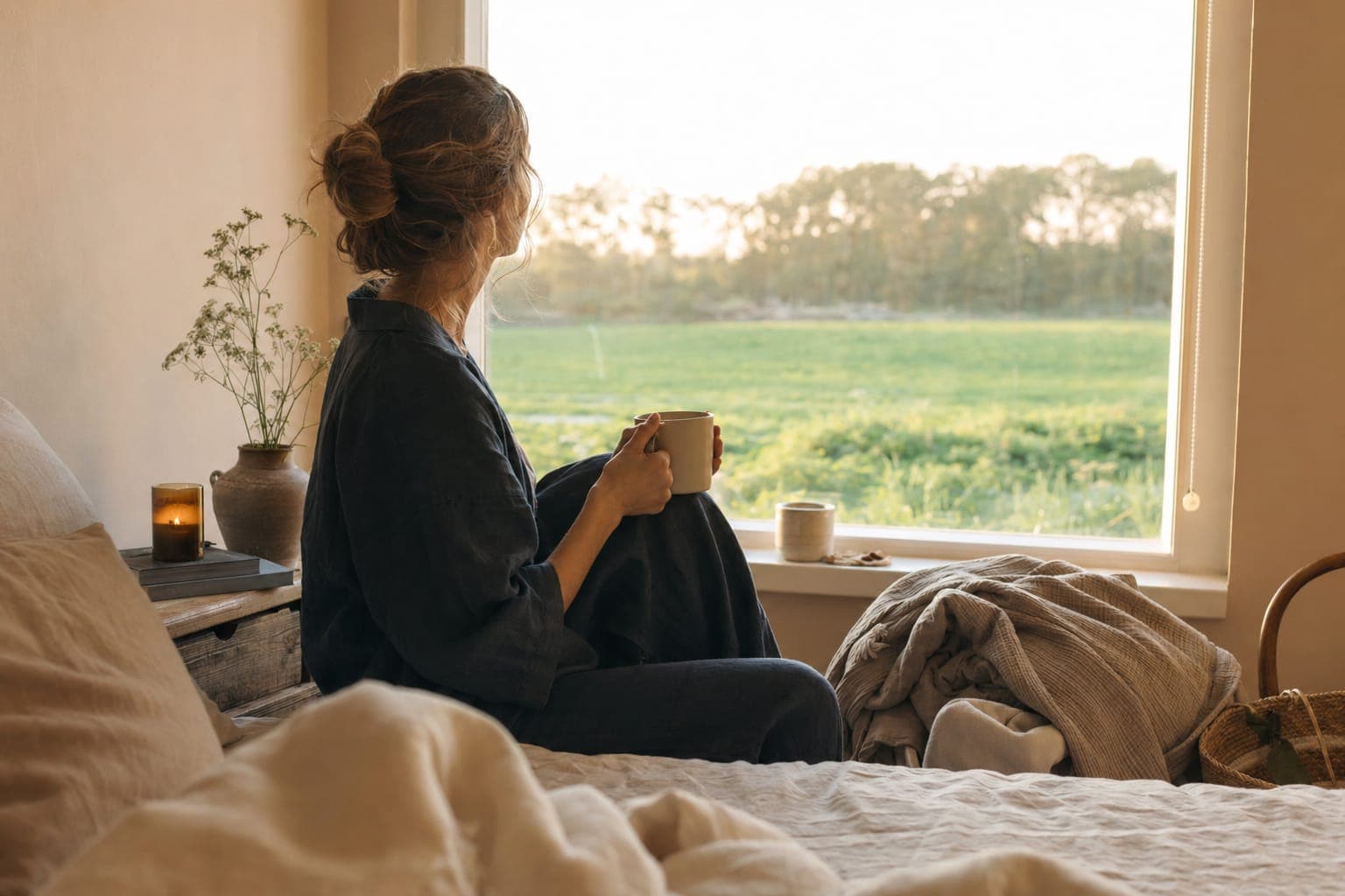 A woman resting by a window in soft natural light