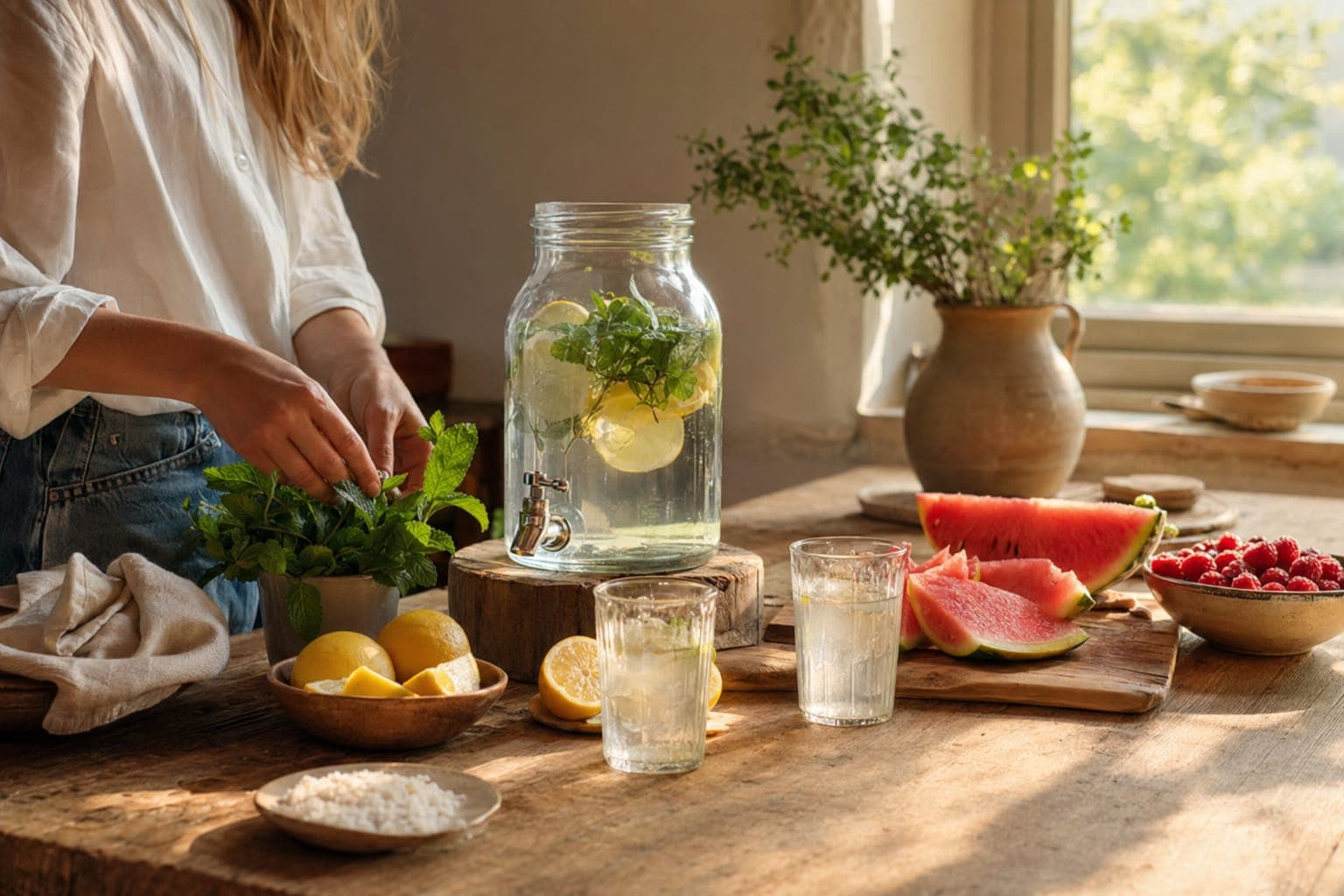Fresh vegetables, fruit and jars on a kitchen counter in warm light