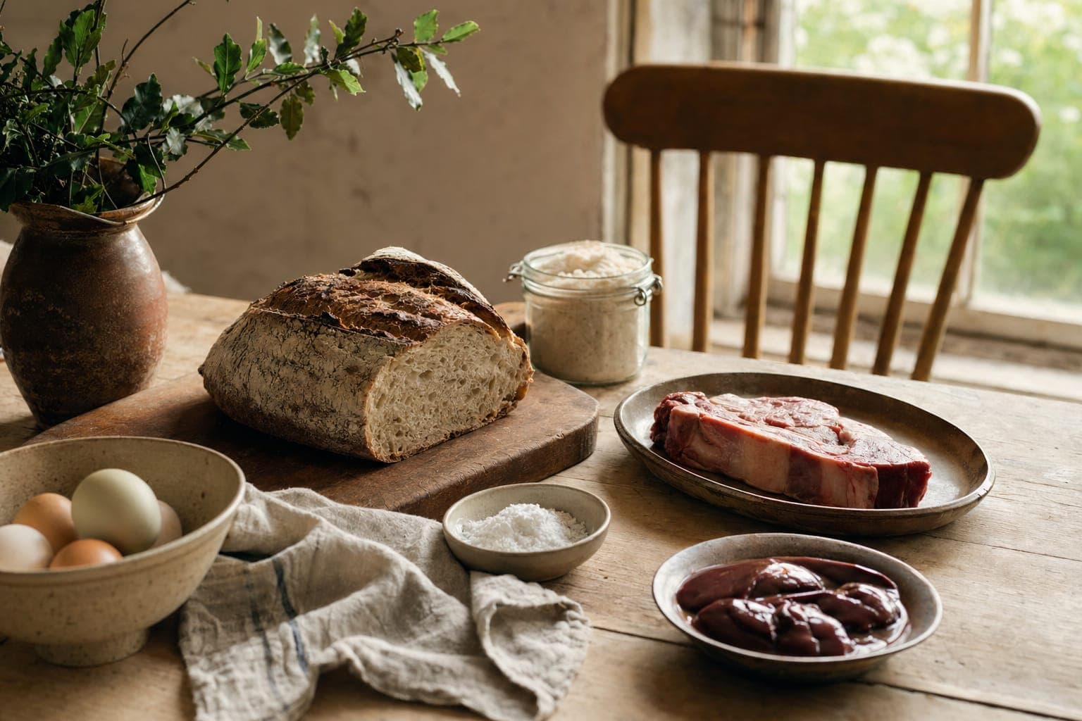 Raw organ meat and bowls on a wooden board in soft light