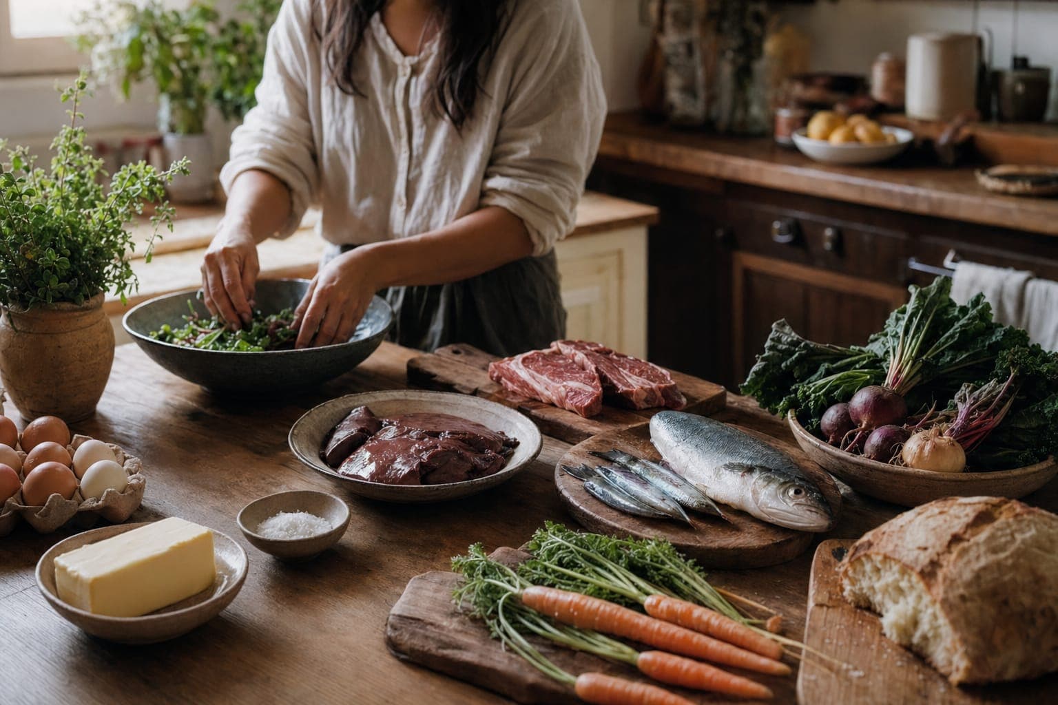 A spread of organ meats and greens on a dark table