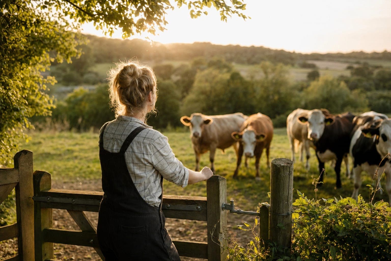 A person standing with cattle in a green pasture