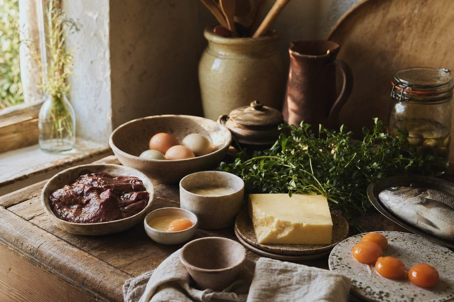 Bread, organ meat and bowls on a kitchen counter in warm light