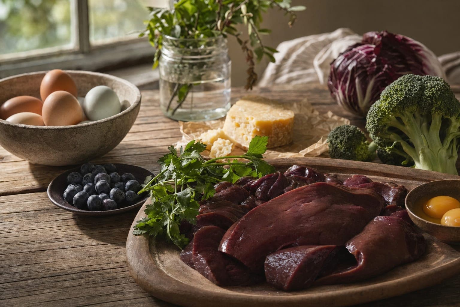 A spread of meat, eggs and bread on a rustic table
