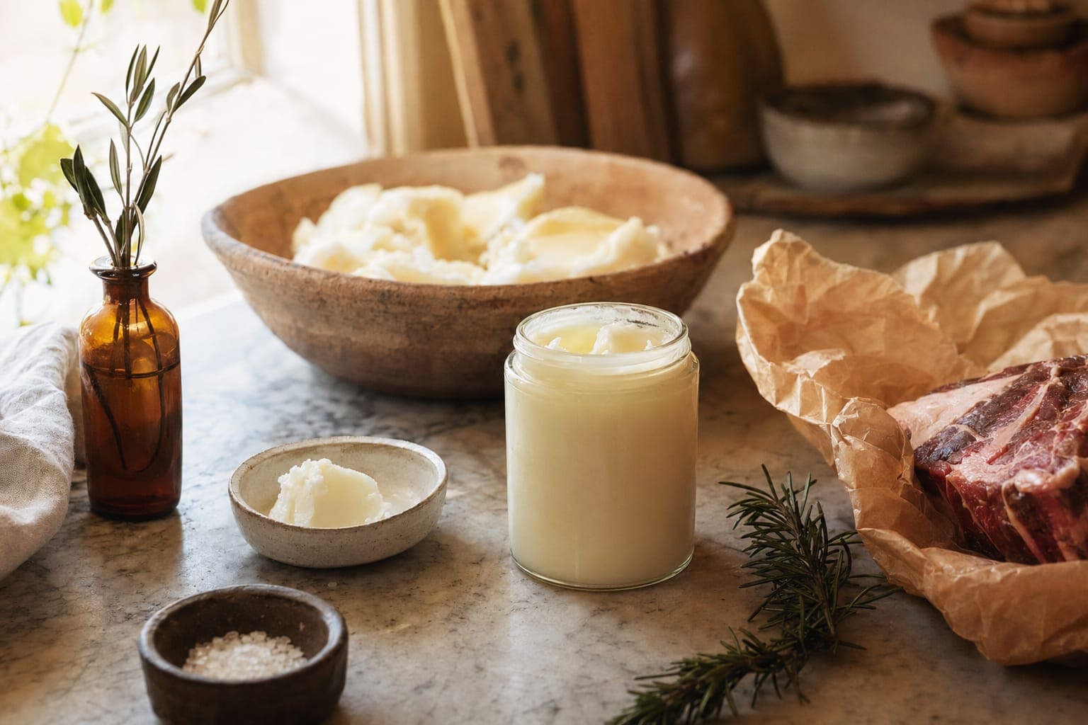 Butter, bread and whole foods on a rustic table in warm light