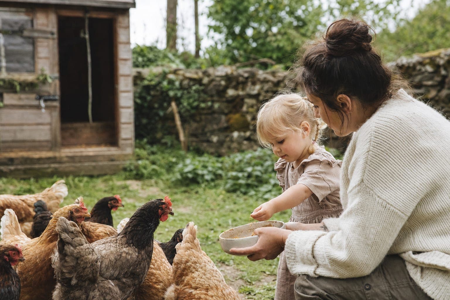 A woman and child among chickens in a farmyard in soft light