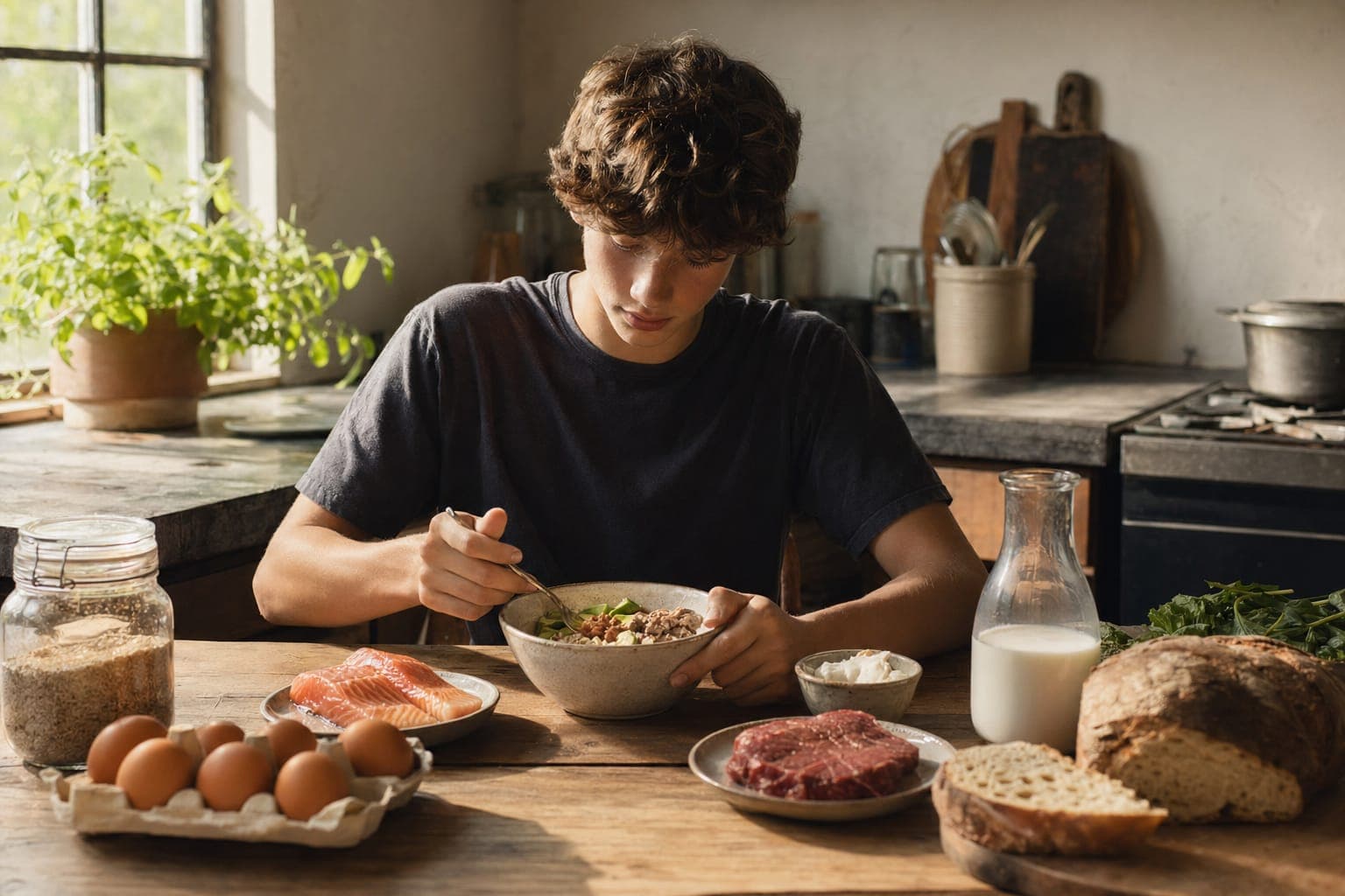 A young man at a table with a plate of food in warm light