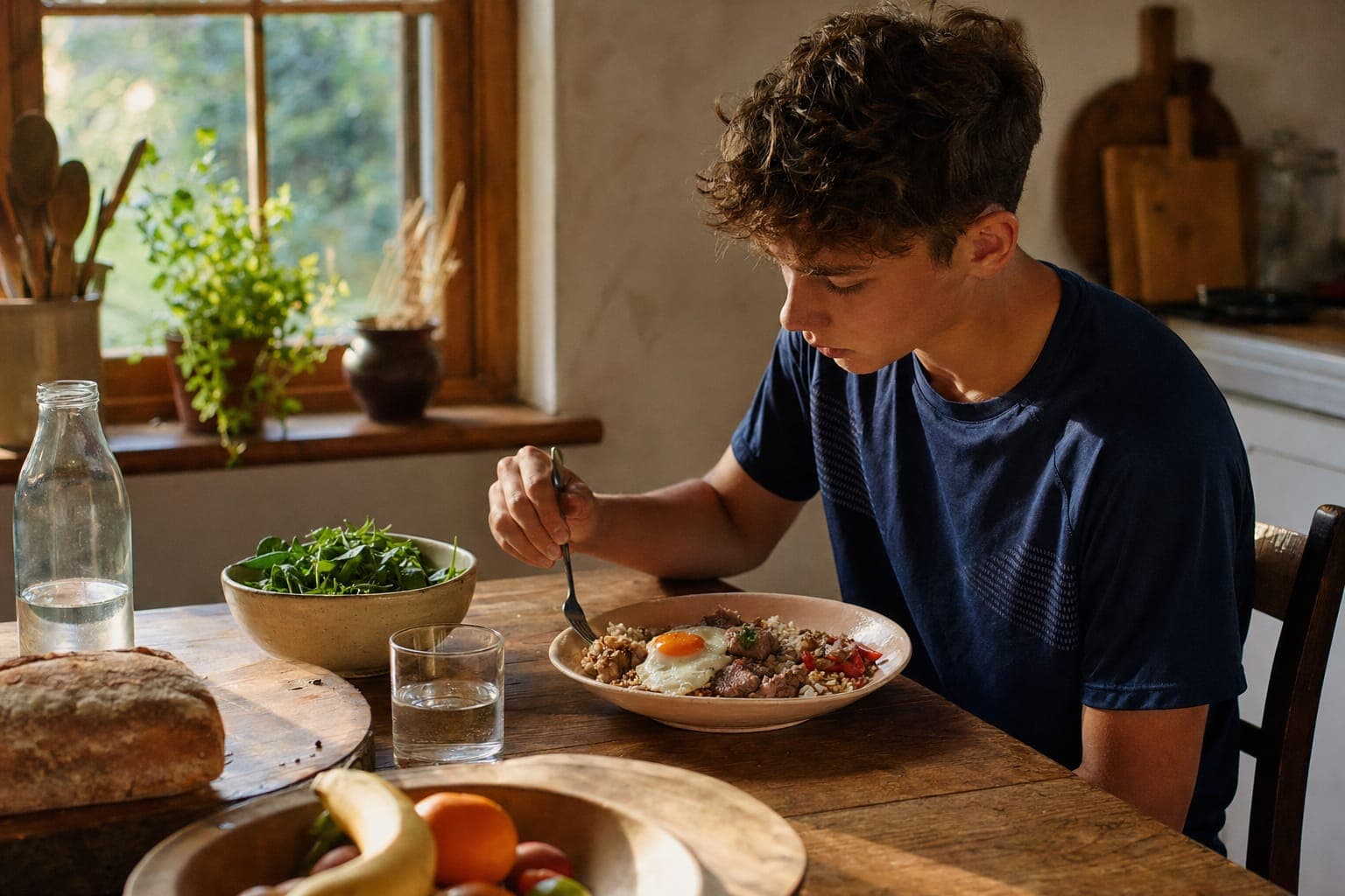 A teenage boy eating at a table with whole foods in warm light