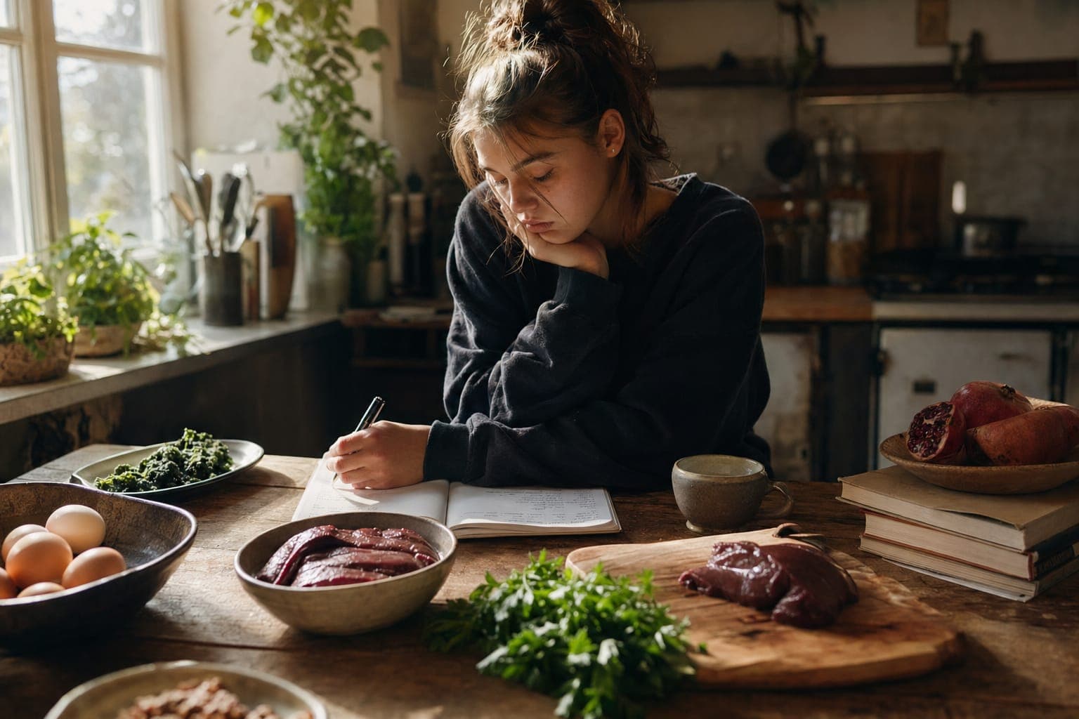 A young woman at a table with food in soft natural light