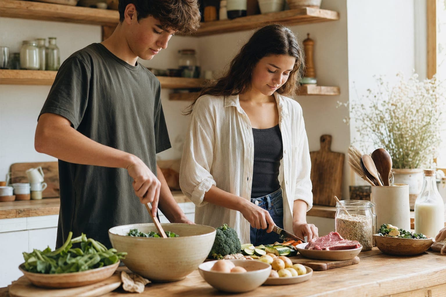 A couple preparing food together in a warm kitchen