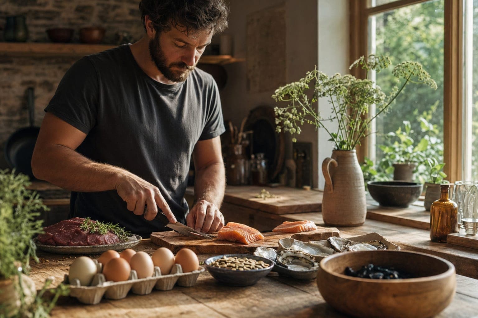 A man preparing meat at a kitchen counter in warm light