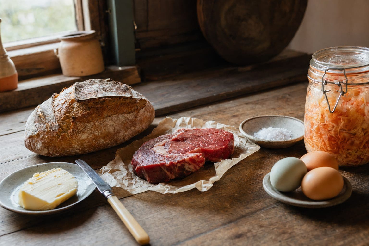 Bread, meat and jars on a kitchen counter in warm light