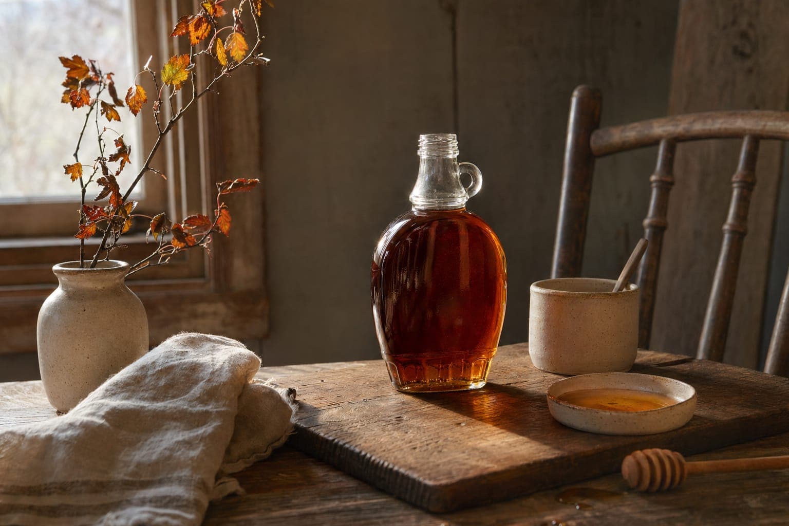 A bottle of maple syrup on a wooden counter in warm light