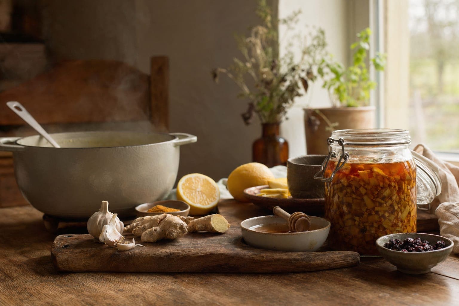 Eggs, citrus and jars on a kitchen counter for immune support