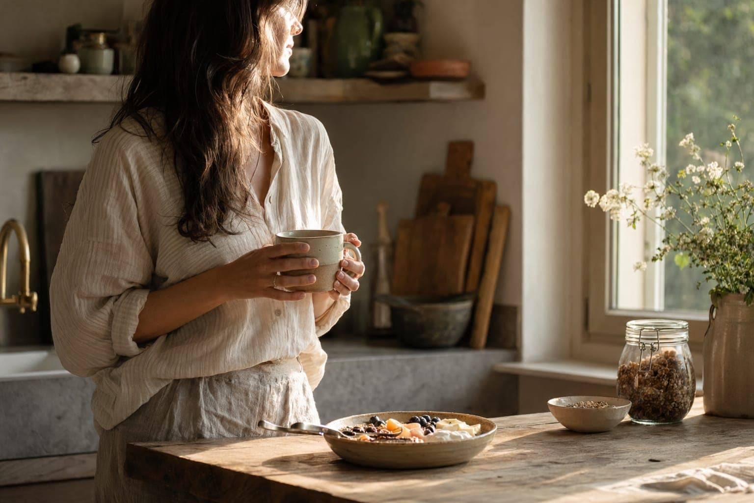 A woman reading at a kitchen counter in soft light